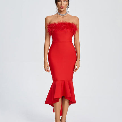 Vestido Bandagem Vermelho com Penas