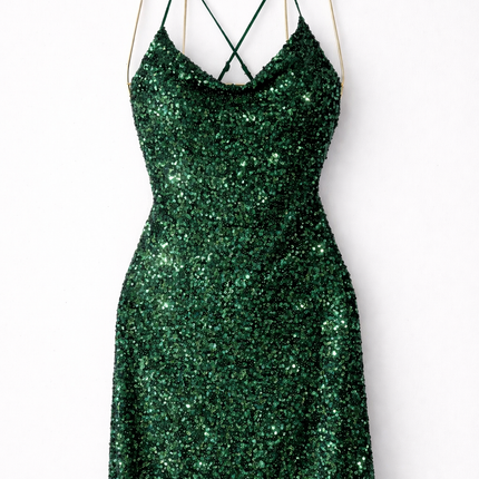 Vestido curto de lantejoulas cor verde, costa cruzado