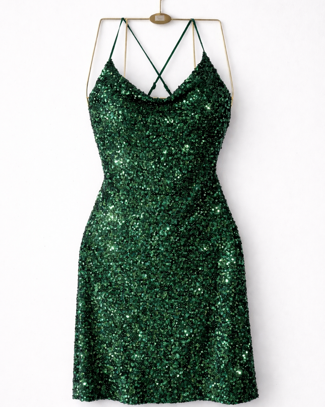 Vestido curto de lantejoulas cor verde, costa cruzado