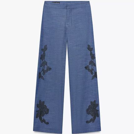 𝐙𝐀𝐑𝐀 -  Conjunto Kimono + Calças Largas Azul Floral - Cintura Subida