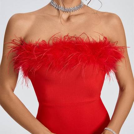 Vestido Bandagem Vermelho com Penas
