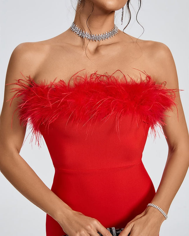 Vestido Bandagem Vermelho com Penas