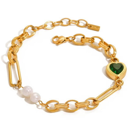 Conjunto Joalharia Inoxidável Dourado - Corações Verdes Cristal + Pérolas