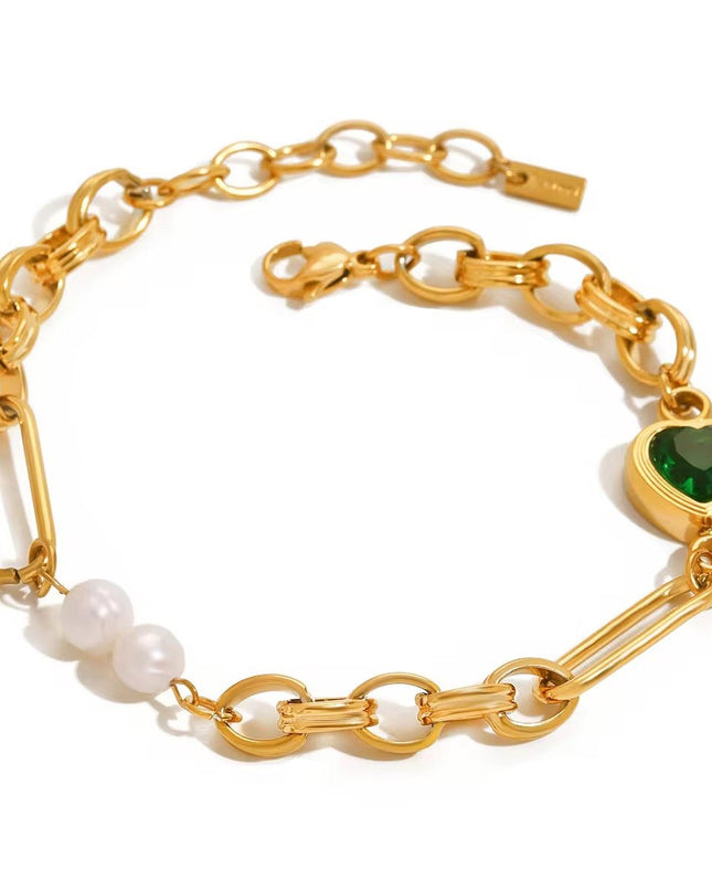 Conjunto Joalharia Inoxidável Dourado - Corações Verdes Cristal + Pérolas
