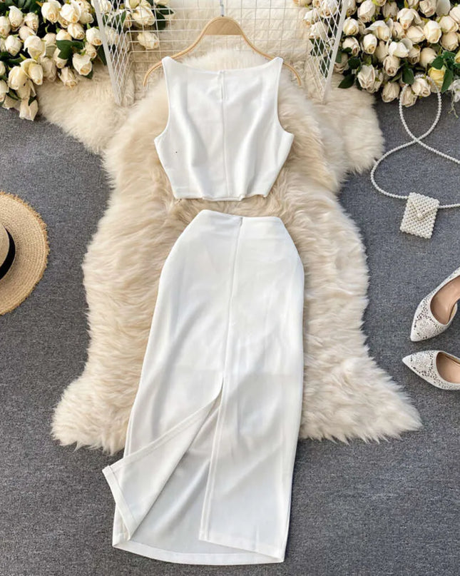 Conjunto de 2 Peças Saia Midi com Fenda - Branco