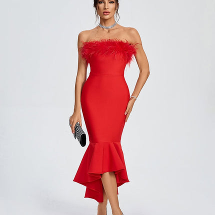 Vestido Bandagem Vermelho com Penas