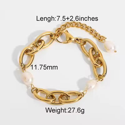 Pulseira Tahlia - Ouro 18K + Perolas de Agua Doce - Inspiração Vintage - Aço Inoxidável