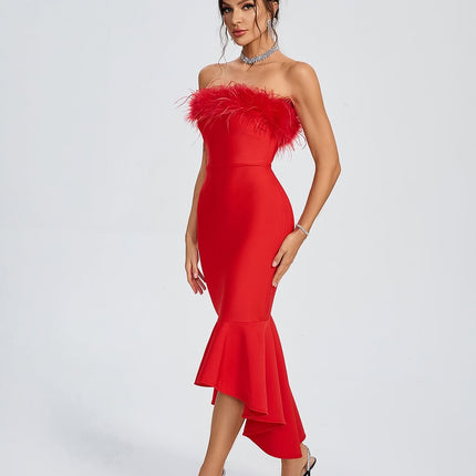 Vestido Bandagem Vermelho com Penas