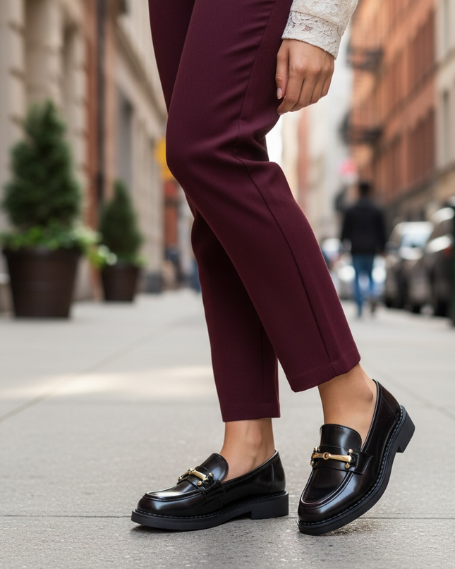 Mocassim Inovia - Aplicação Dourada Solado 3cm - Preto e Bordô - Dorothy Gaynor