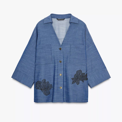 𝐙𝐀𝐑𝐀 -  Conjunto Kimono + Calças Largas Azul Floral - Cintura Subida