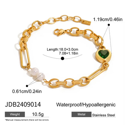 Conjunto Joalharia Inoxidável Dourado - Corações Verdes Cristal + Pérolas
