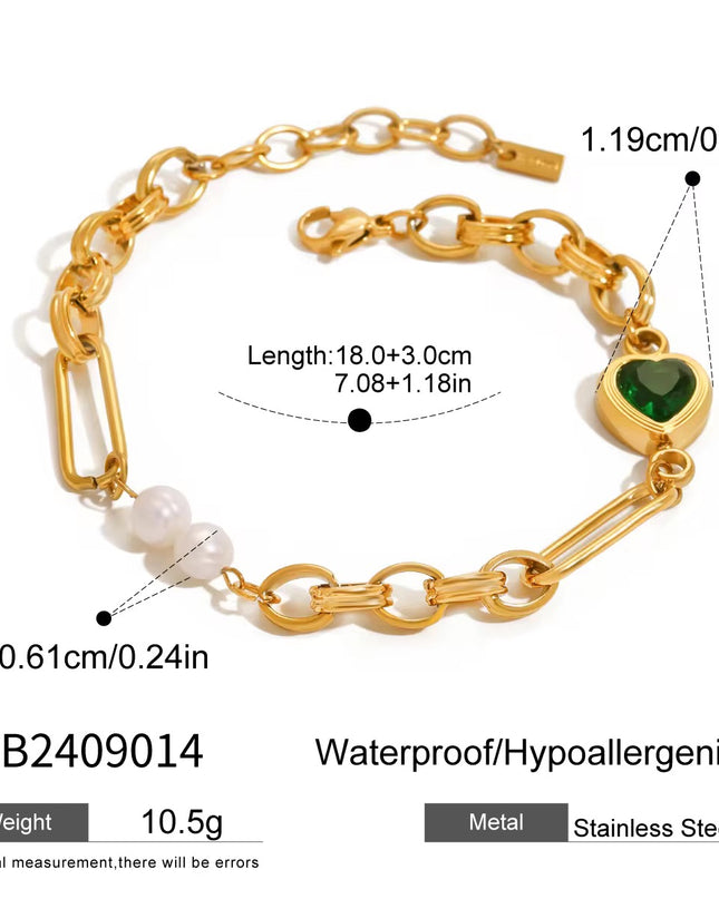 Conjunto Joalharia Inoxidável Dourado - Corações Verdes Cristal + Pérolas