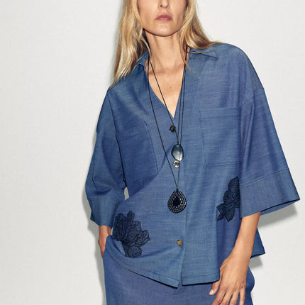 𝐙𝐀𝐑𝐀 -  Conjunto Kimono + Calças Largas Azul Floral - Cintura Subida