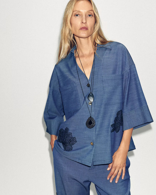 𝐙𝐀𝐑𝐀 -  Conjunto Kimono + Calças Largas Azul Floral - Cintura Subida