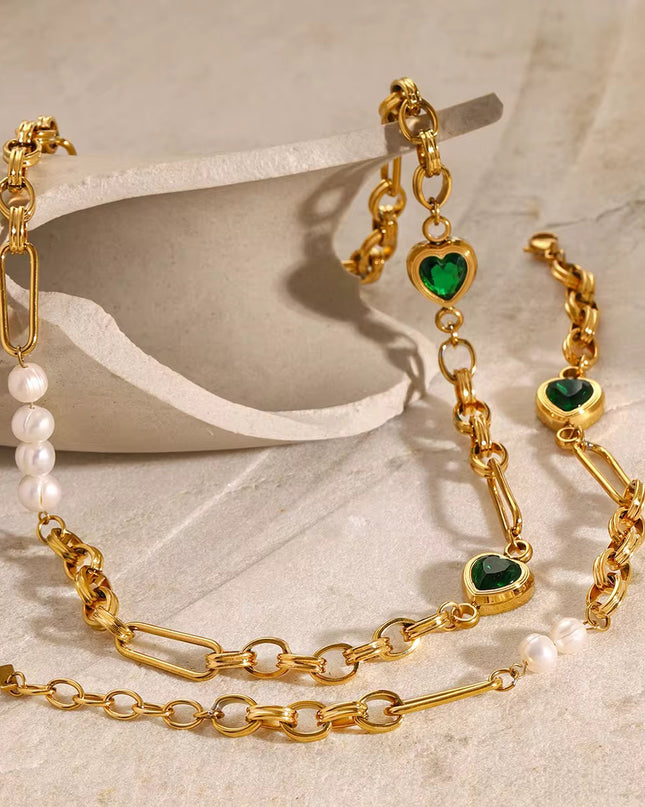 Conjunto Joalharia Inoxidável Dourado - Corações Verdes Cristal + Pérolas