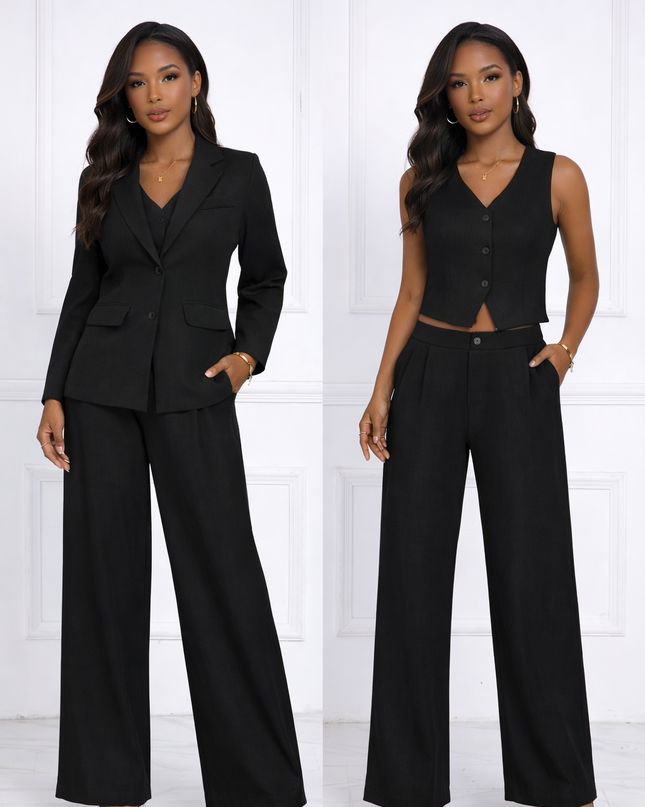 Conjunto 3 Peças Preto - Blazer, Colete e Calças