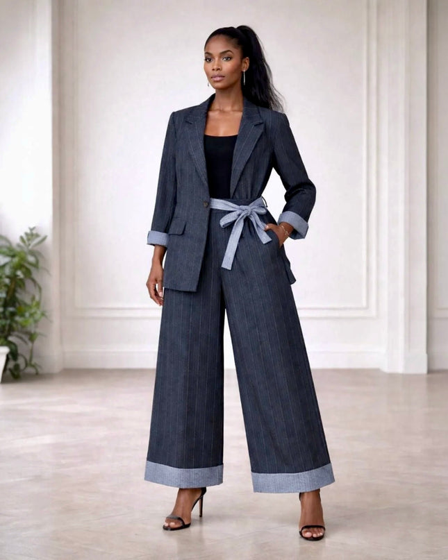 FATO Elegante 2 PEÇAS Blazer com Cinto + Calças Palazzo