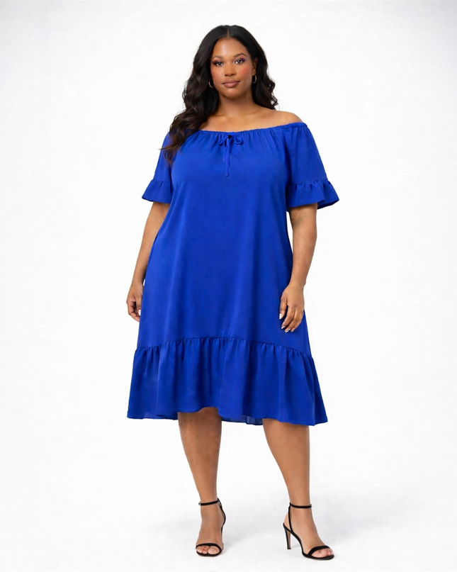 Vestido Plus Size Azul Royal Ombro a Ombro