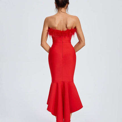 Vestido Bandagem Vermelho com Penas