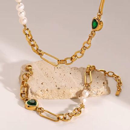 Conjunto Joalharia Inoxidável Dourado - Corações Verdes Cristal + Pérolas