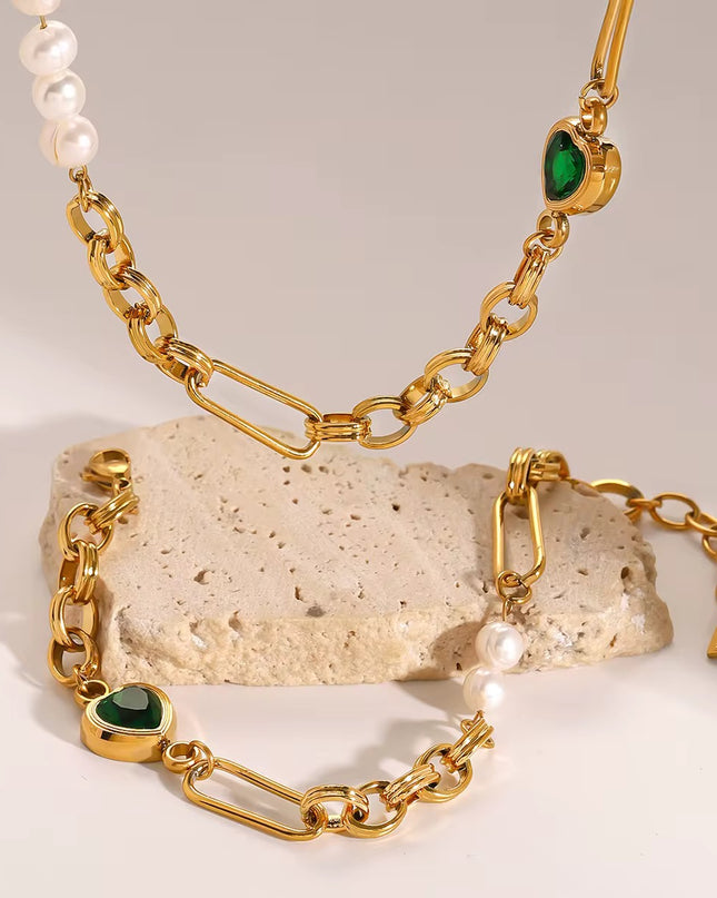 Conjunto Joalharia Inoxidável Dourado - Corações Verdes Cristal + Pérolas