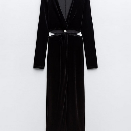 𝐙𝐀𝐑𝐀 - Vestido midi de veludo com detalhe vazado