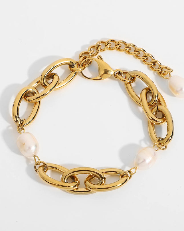 Pulseira Tahlia - Ouro 18K + Perolas de Agua Doce - Inspiração Vintage - Aço Inoxidável