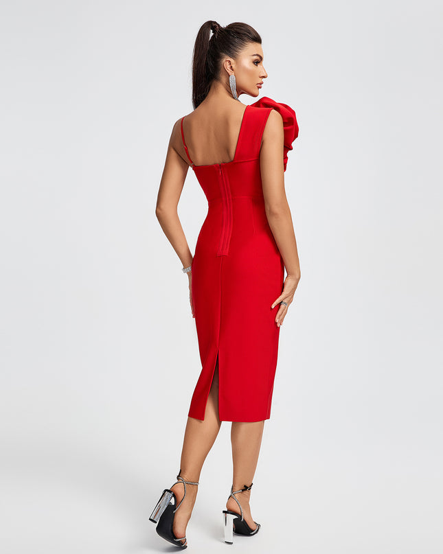 Vestido midi vermelho com estampa Floral 3D