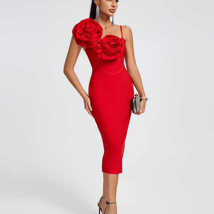 Vestido midi vermelho com estampa Floral 3D