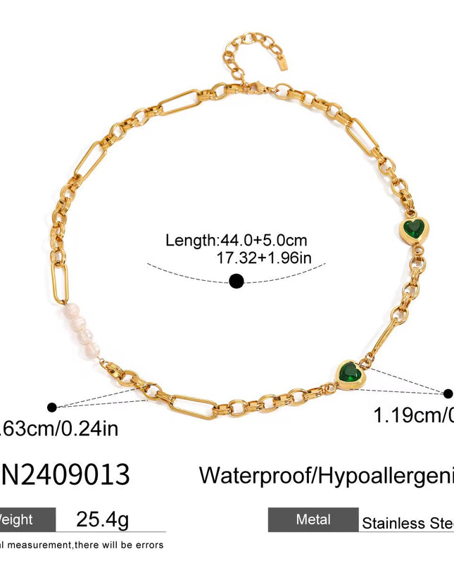 Conjunto Joalharia Inoxidável Dourado - Corações Verdes Cristal + Pérolas