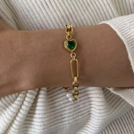 Conjunto Joalharia Inoxidável Dourado - Corações Verdes Cristal + Pérolas