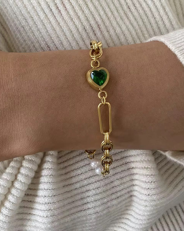 Conjunto Joalharia Inoxidável Dourado - Corações Verdes Cristal + Pérolas