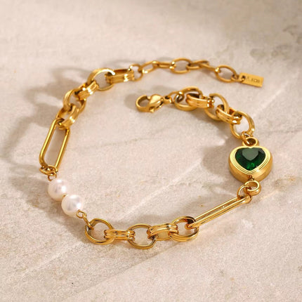 Conjunto Joalharia Inoxidável Dourado - Corações Verdes Cristal + Pérolas