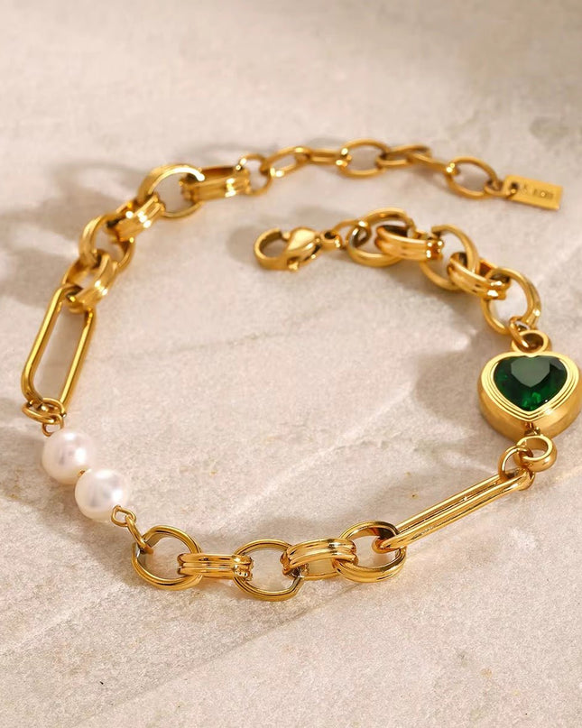 Conjunto Joalharia Inoxidável Dourado - Corações Verdes Cristal + Pérolas