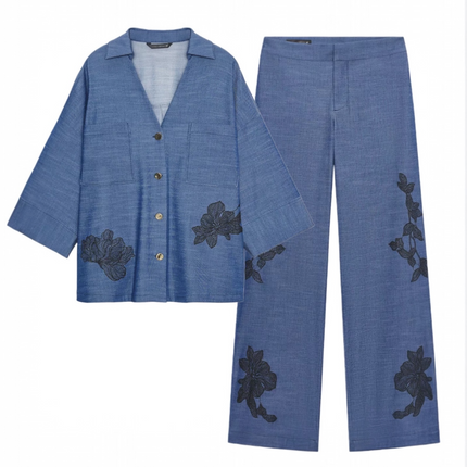 𝐙𝐀𝐑𝐀 -  Conjunto Kimono + Calças Largas Azul Floral - Cintura Subida