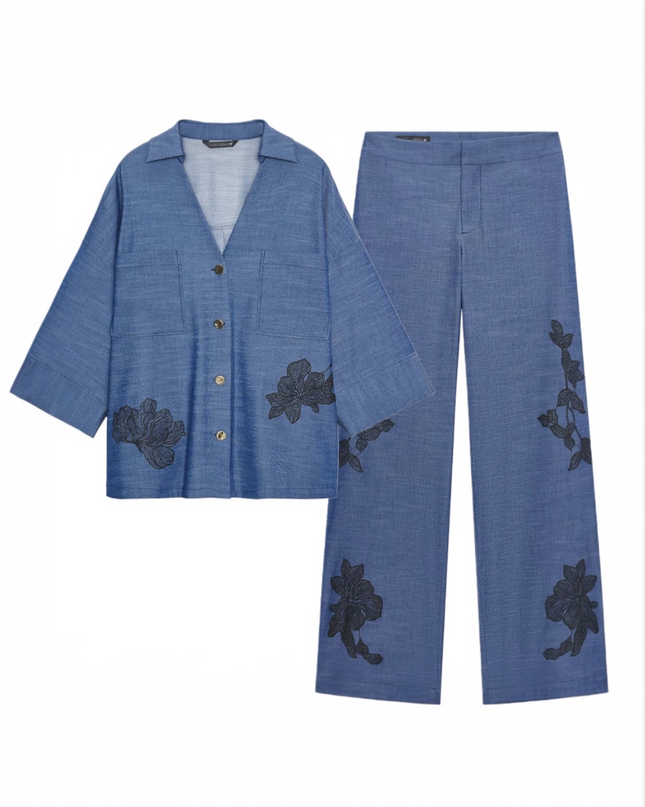 𝐙𝐀𝐑𝐀 -  Conjunto Kimono + Calças Largas Azul Floral - Cintura Subida