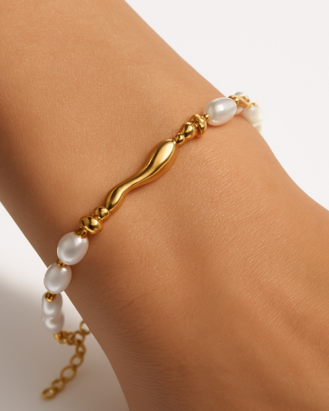 Pulseira Inoxidável Banhada Ouro 18K com Pérolas de Vidro - ART 3050