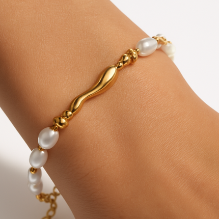 Pulseira Inoxidável Banhada Ouro 18K com Pérolas de Vidro - ART 3050