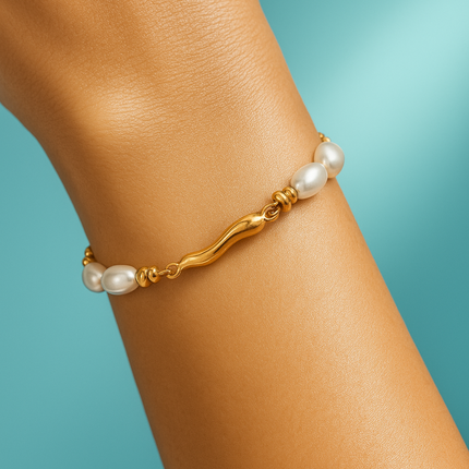Pulseira Inoxidável Banhada Ouro 18K com Pérolas de Vidro - ART 3050