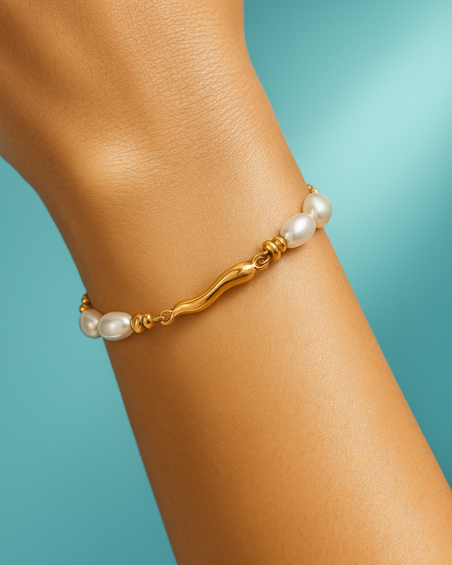 Pulseira Inoxidável Banhada Ouro 18K com Pérolas de Vidro - ART 3050