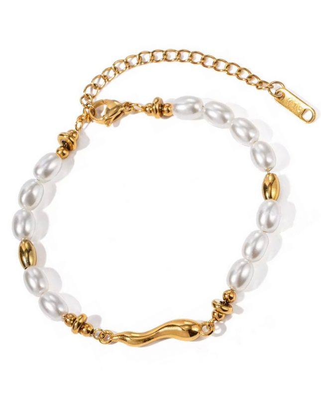 Pulseira Tahlia - Ouro 18K + Perolas de Agua Doce - Inspiração Vintage - Aço Inoxidável